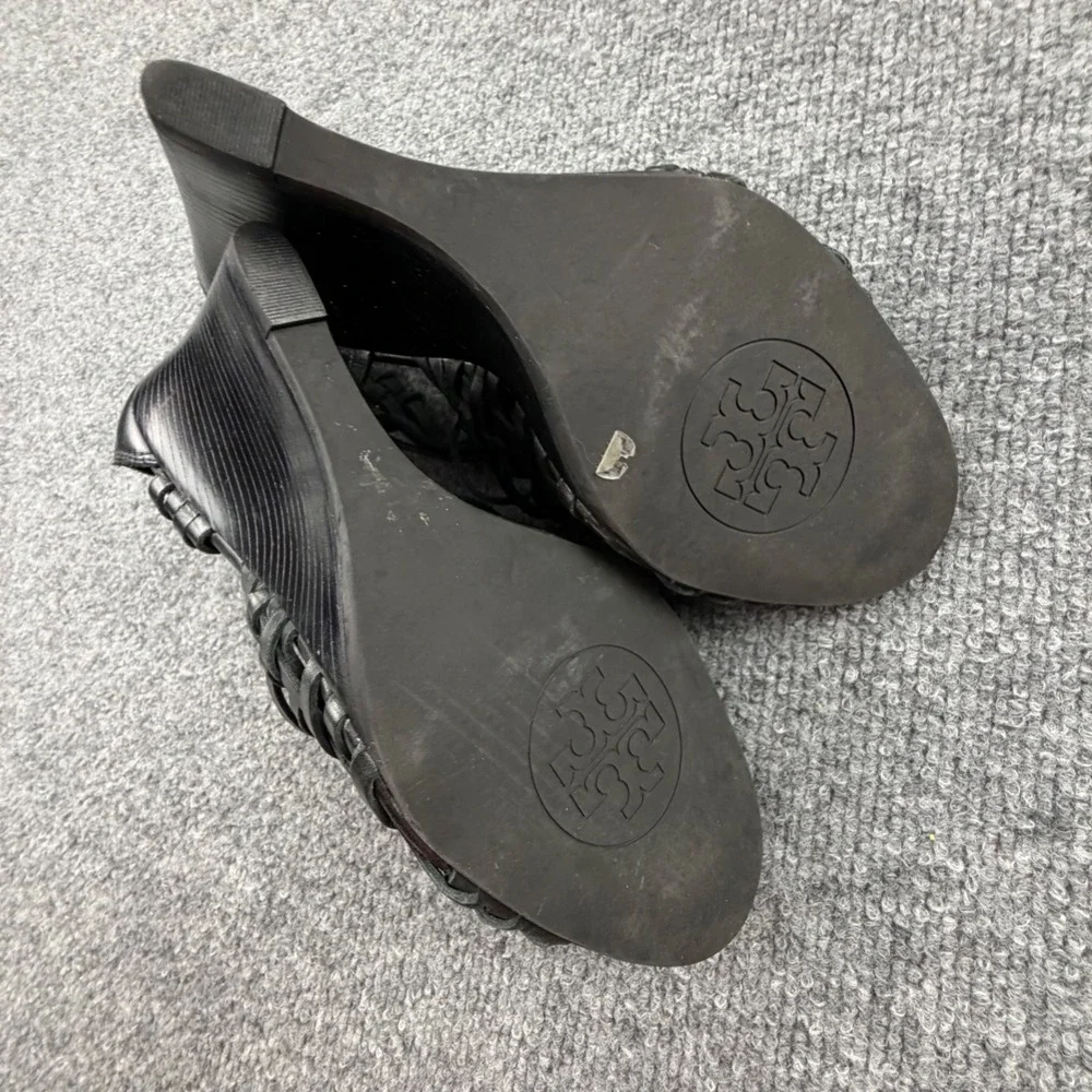 Tory Burch Black Leather Woven Cage Wedge Sandals Womens 9.5M Made in Brazil